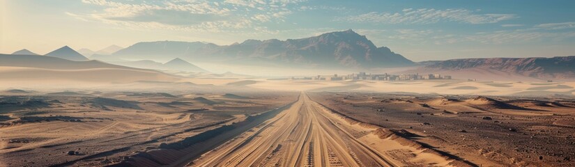 Panoramic photo of the desert, mountains far away, dunes, vast landscape, dusty road with tire tracks