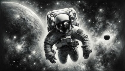 Fototapeta premium Astronaut floating in deep space, black and white illustration, space scene 