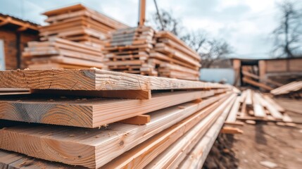 Show a stack of wooden planks and boards arranged at a wood construction site, ready for use.  - Powered by Adobe