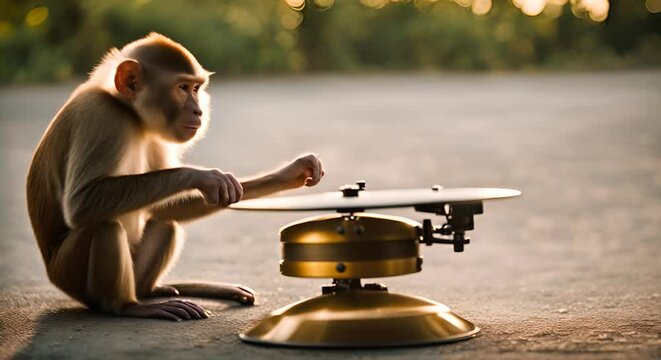 Monkey playing the cymbals. Monkey playing the drums.