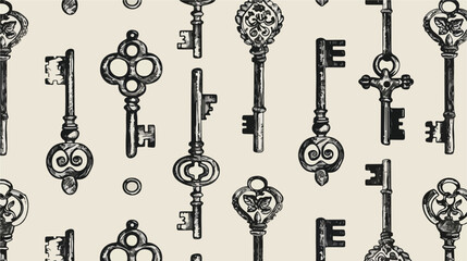 Seamless engraved pattern with vintage door keys. Han