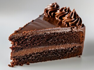 Delicious chocolate cake slice with creamy frosting