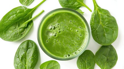 Obraz premium Healthy Green Spinach Smoothie Fresh spinach leaves in green juice on a white background