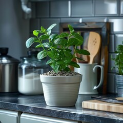 Lush indoor potted plant placed on a modern kitchen counter with utensils