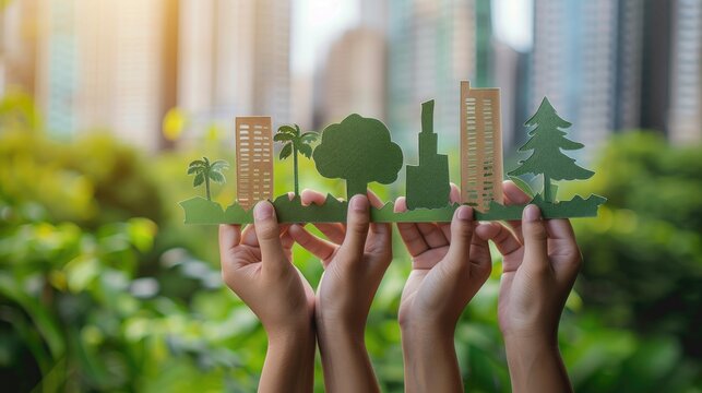 Four hands holding a green paper cutout of a cityscape with buildings and trees, set against a blurred background of greenery and city buildings, representing urban sustainability.
