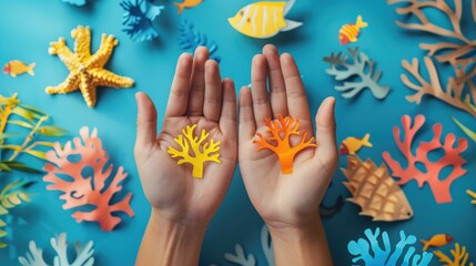 Two hands holding paper cut vibrant coral pieces, one yellow and one orange, with a colorful blue background filled with various corals, showcasing the beauty and diversity of marine life.