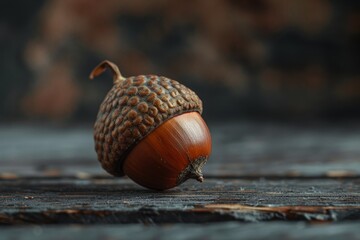 Close-up of a textured acorn on a wooden surface