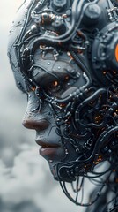 Cinematic Portrait of Cyborg Snake Warrior with Piercing Gaze Amidst Swirling Psychedelic Mist in Dystopian Ambiance