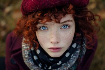 Thoughtful young woman with red curly hair and blue eyes