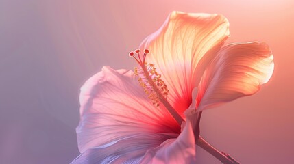A tropical flower, its petals illuminated by a soft pink fluorescent light, creating a delicate and ethereal aura.