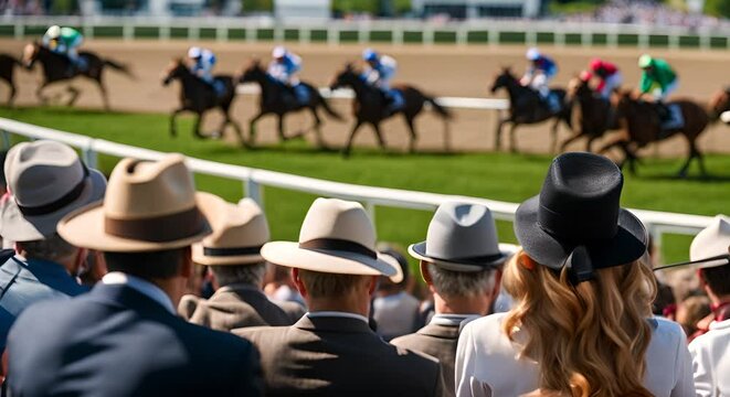 People at a racetrack watching a horse race.
