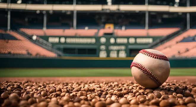 Baseball ball on a baseball field.