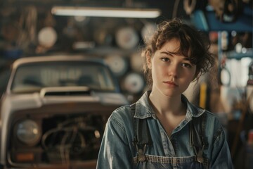 Young woman in denim overalls standing in front of old car