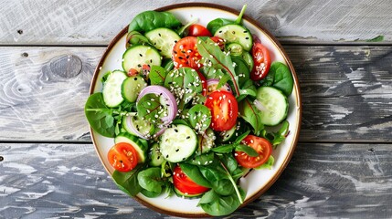 Healthy vegetable salad of fresh tomato, cucumber, onion, spinach, lettuce and sesame on plate. Diet menu. Top view