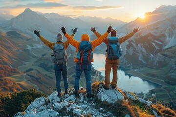 Obraz premium People cheering as they climb the summit