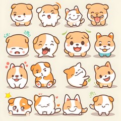 Cute Pastel Puppy Emoticon Pack with Various Expressions and Reactions for Digital Stickers, Icons, and