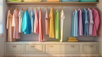 Row of colorful shirts hanging on rack in front of window,Rack with bright clothes on light background, Rainbow colors,Line of multi colored clothes on wooden hangers in store. Sale
