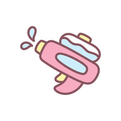 Obraz premium Cute water gun icon. Hand drawn illustration of a plastic children's toy water weapon isolated on a white background. Kawaii sticker. Vector 10 EPS. 