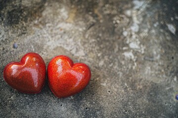 Sparkling red hearts on a textured background