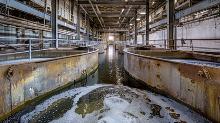 Inside a vast industrial building, rusty boats lay abandoned, symbolizing the eerie coexistence of urban development and ecological decay