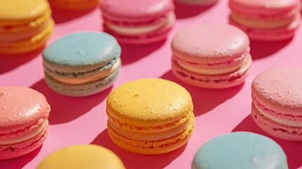 Colorful macarons on a pink background