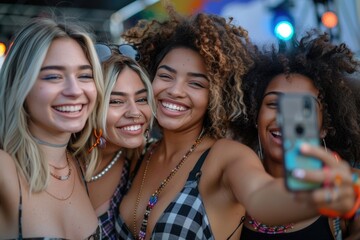 Fototapeta premium Three young women taking selfies
