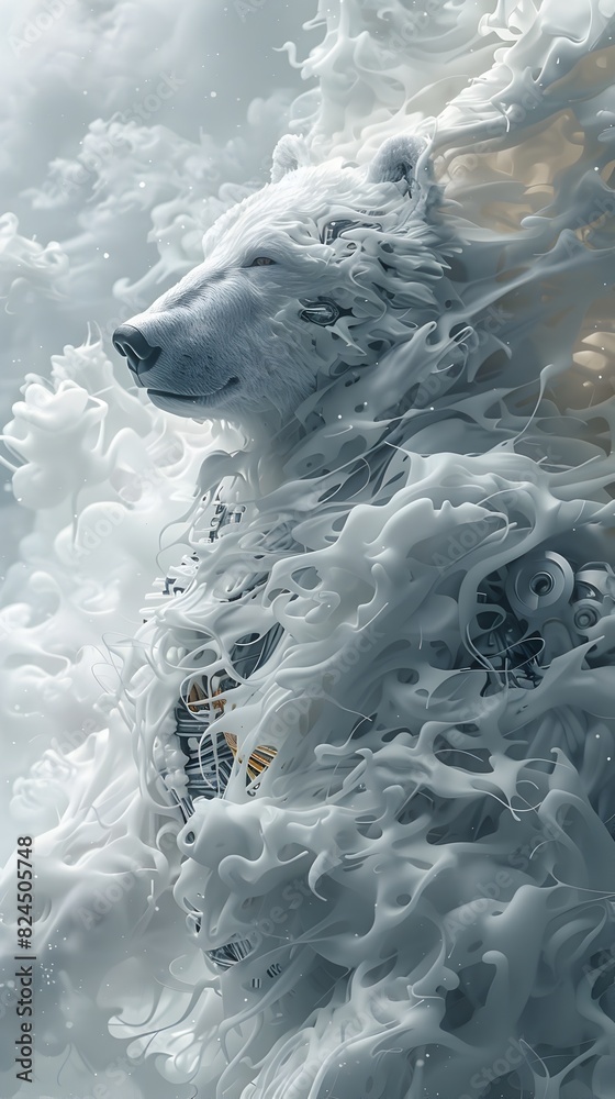 Poster Cyborg Polar Bear Warrior Stands Resolute in Dramatic Ethereal Smoke Cloud