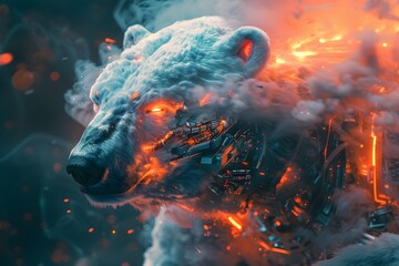 Cyborg Polar Bear Warrior Emitting Captivating Colorful Smoke and Otherworldly Glow in Mysterious Setting