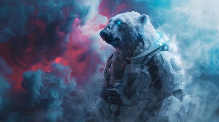 Fototapeta premium Cyborg Polar Bear Warrior Stands Majestically in Swirling Vortex of Colorful Smoke with Futuristic Cybernetic Enhancements