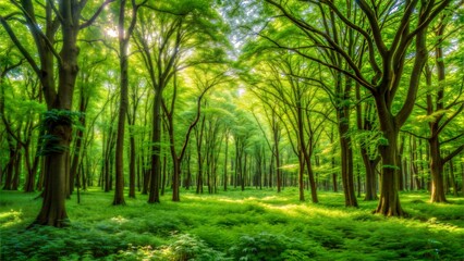Fototapeta premium A sunlit path winds through a vibrant green forest in the early morning light