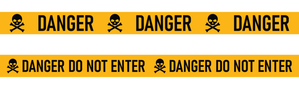 yellow and black danger warning tape set for industrial safety, hazard area, road, construction site. danger tape with skull symbol. vector illustration on transparent background.