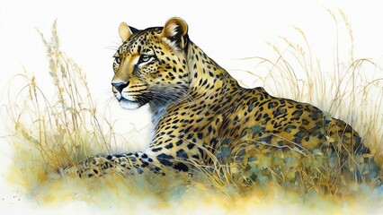 Close-Up Leopard In A Serengeti Grassland At Night, Luxurious Silk Texture, Pale Watercolor Blend.