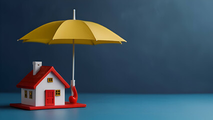 House figure under umbrella, property safety and insurance concept on isolated blue background with space for copy