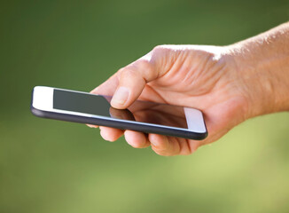 Outdoor, mobile phone and hand of person in park for social media, communication or networking. Smartphone, nature and news article for reforestation, biodiversity conservation or sustainability