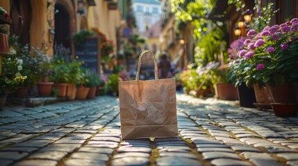 Paper shopping bag in the foreground with a colorful and vibrant European alleyway in the background