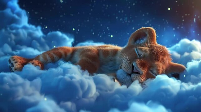 Majestic lion peacefully resting on a fluffy cloud in the sky
 Seamless looping 4k time-lapse virtual video animation background. Generated AI