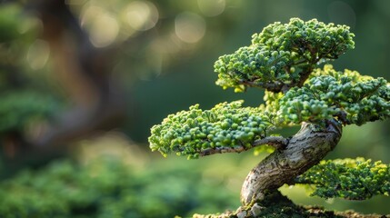 A serene close-up of a bonsai tree's miniature leaves, their intricate patterns and shades of green accentuated by the soft glow of morning light.