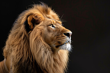 a lion looking up with a black background