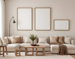 Frame mockup, ISO A paper size. Living room wall poster mockup. Living Room. Interior mockup with house background. Modern interior design. 3D render