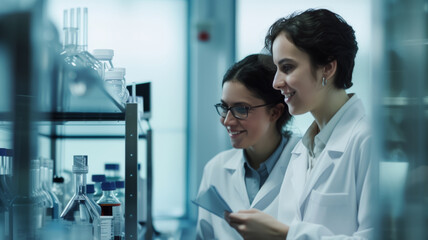 Obraz premium Two women in white lab coats are examining a shelf with glass bottles with various contents. They are in a science lab