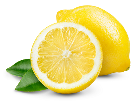 Lemon fruit with leaf isolated png. Lemons half and a whole with leaves on transparent background. PNG format. Full depth of field.
