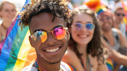 smiling young guy with a rainbow flag at a gay pride march, festival, people, man, boy, makeup, lgbt, June 28, demonstration, non-binary, bisexual, homosexual, person, portrait, parade, action, symbol