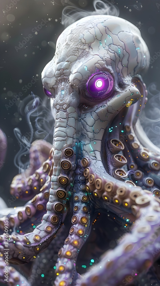 Poster meticulously crafted cyborg octopus warrior in dramatic cinematic lighting with glowing bioluminesce