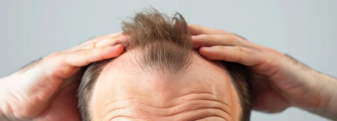 Fototapeta premium Male Experiencing Hair Loss with Hands on Bald Head - Close-Up