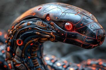 Fototapeta premium Meticulously Crafted Cyborg Snake Warrior with Burnished Bronze and Titanium Armor,Piercing Crimson Optics,and Swirling Chromatic Circuitry