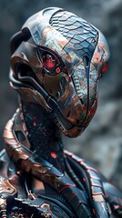 Meticulously Crafted Cyborg Snake Warrior with Burnished Bronze and Titanium Armor,Piercing Crimson Optics,and Swirling Chromatic Plasma-Infused