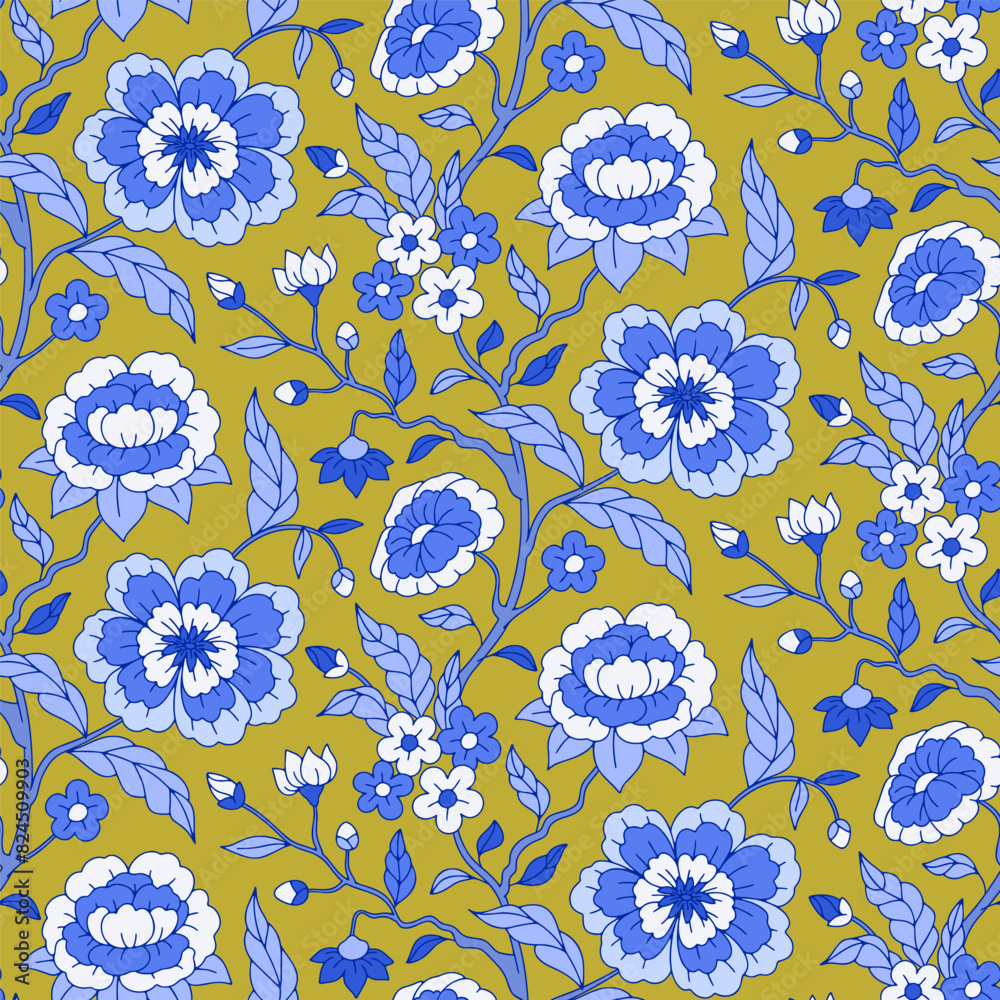 Poster Seamless pattern with monochrome blue chinoiserie hand drawn motifs. Floral wallpaper with chinese style ornament.