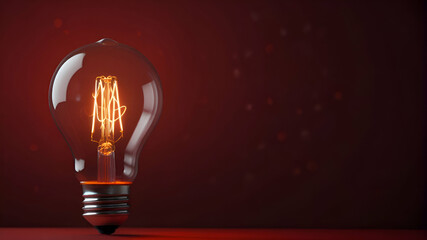 Light bulb with a heart shape glowing filament on a red background, Valentine day concept