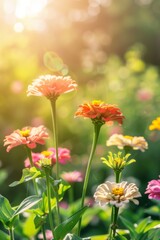 Colorful zinnia flowers blooming in a sunlit garden