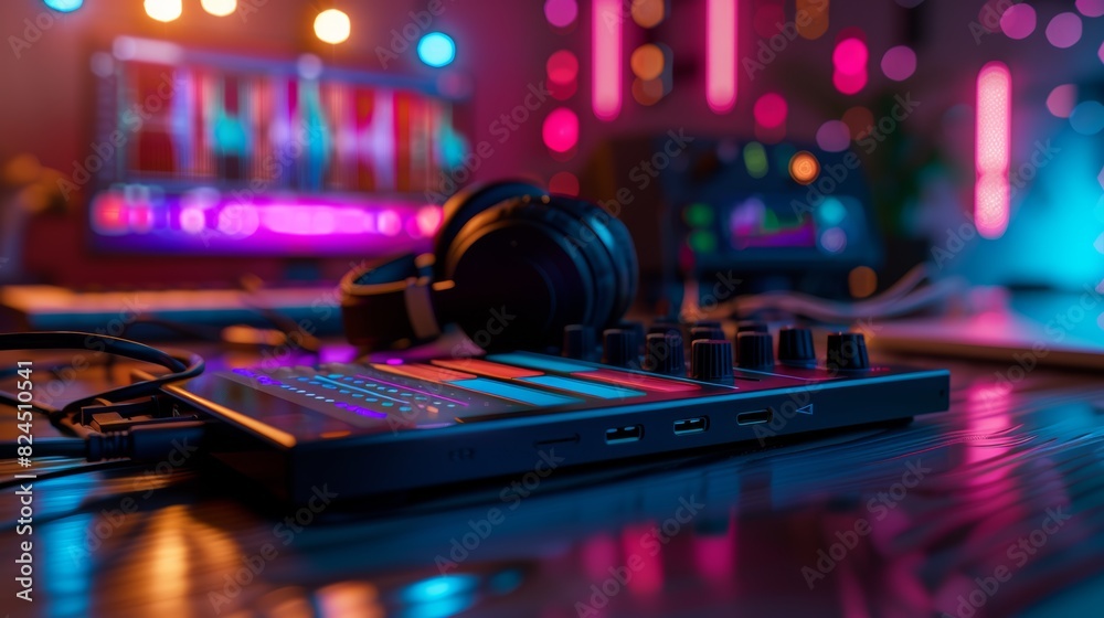 Poster A portable equalizer clipped to a pair of headphones, with a colorful music streaming app open on a smartphone in the background.